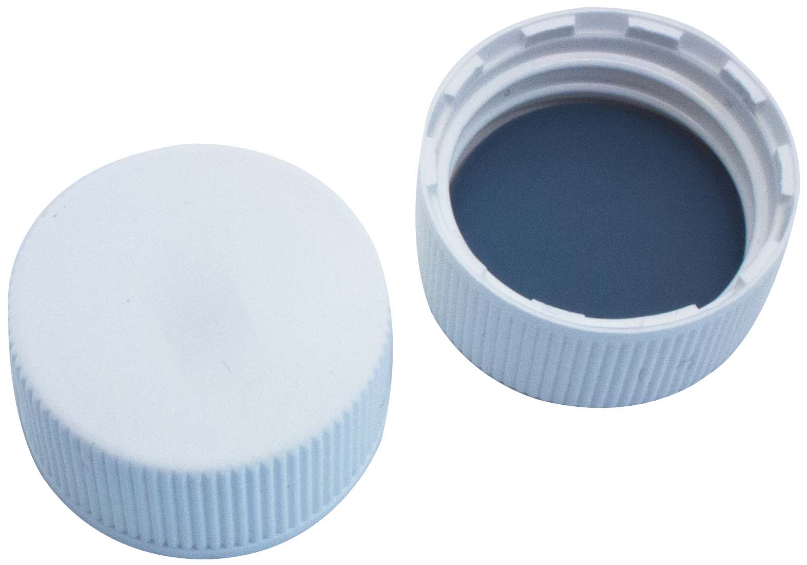 24 mm PP-Schraubkappe, weiß, geschlossen; Butyl rot/PTFE grau, 55° Shore A, 2,5 mm