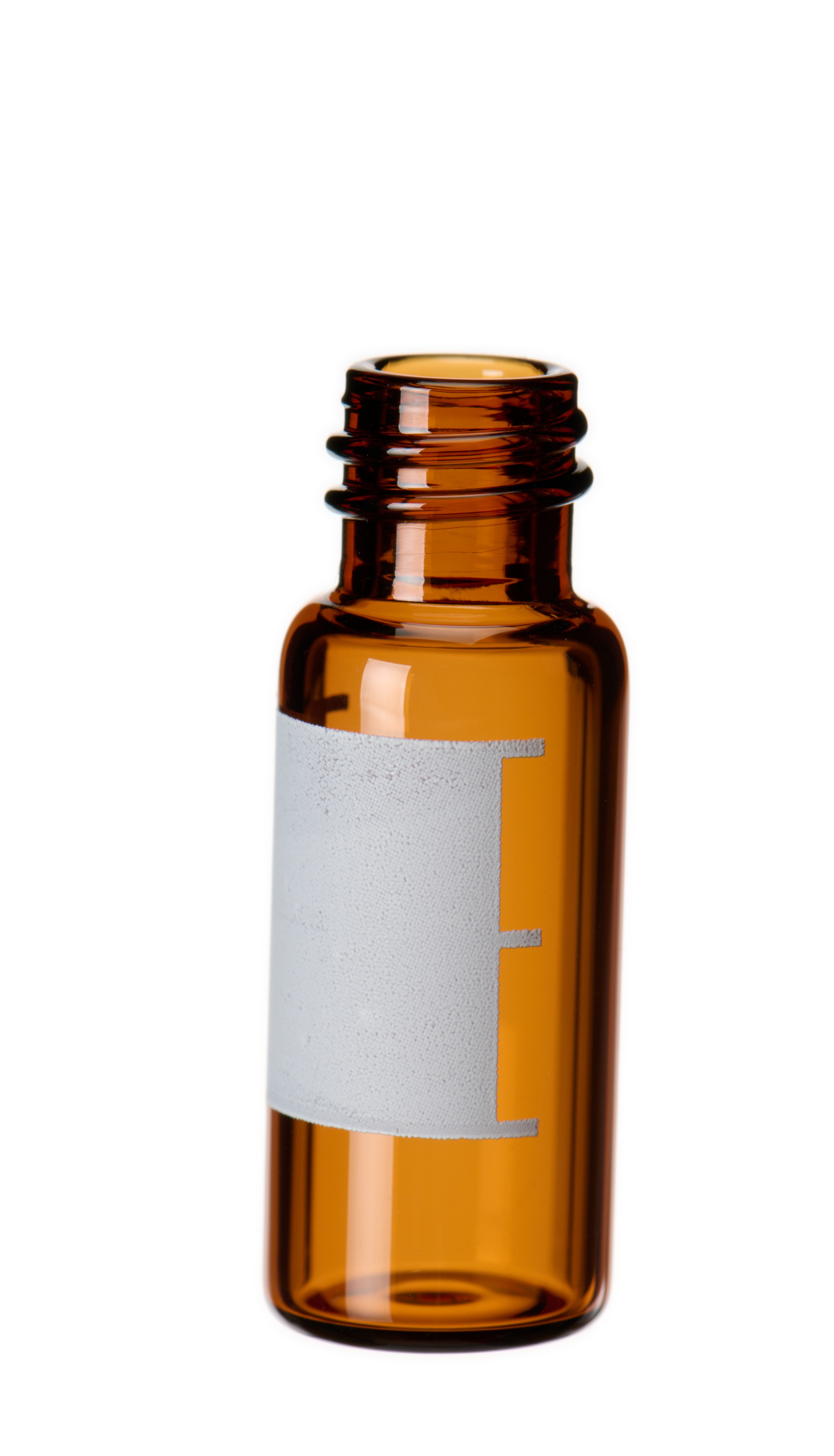 1,5 ml Gewindeflasche, Gewinde 8-425, 32 × 11,6 mm, Braunglas, 1. hydrolytische Klasse, enge Öffnung, mit Schriftfeld und Füllmarkierungen