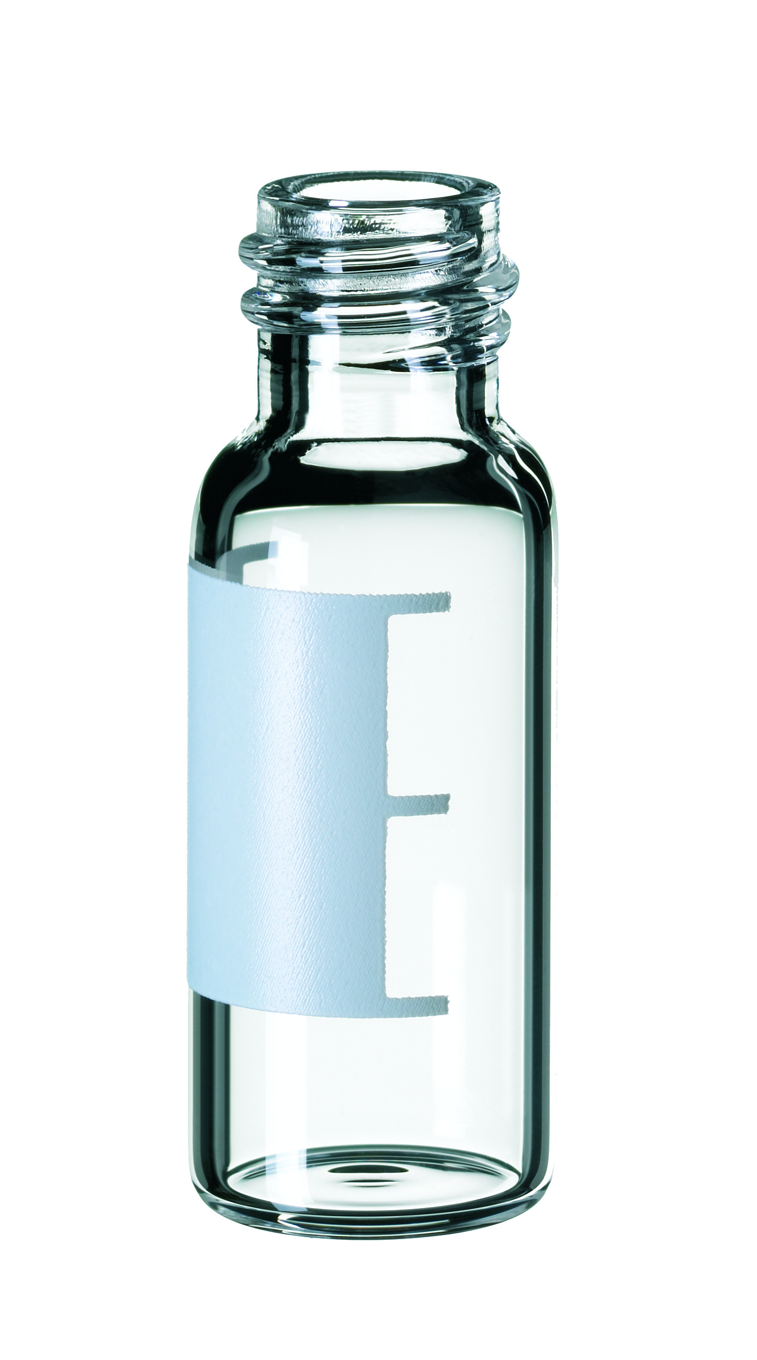 1,5 ml Gewindeflasche, Gewinde 8-425, 32 × 11,6 mm, Klarglas, 1. hydrolytische Klasse, enge Öffnung, mit Schriftfeld und Füllmarkierungen