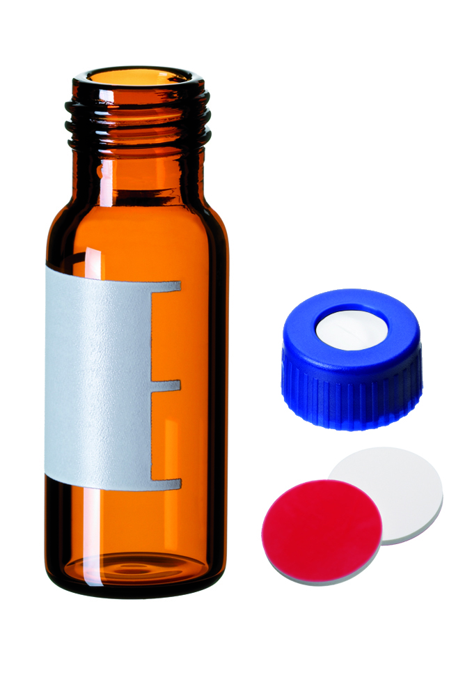 HPLC/GC Certified Vial Kit: 1,5ml Kurzgewindeflasche, Braunglas, 1. hydrolytische Klasse, Schriftfeld; UltraClean Verschluss: 9mm PP Kurzgewindekappe, blau, mit Loch; Silicon weiß/PTFE rot, 55° shore A, 1,0mm