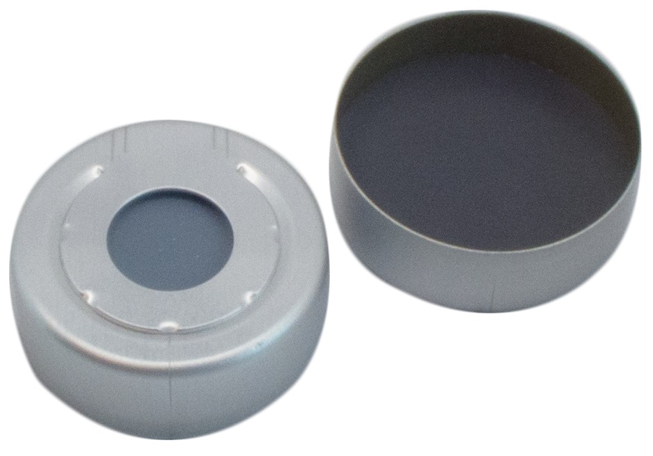 20 mm Headspace-Kappe mit Überdrucksicherung, farblos lackiert, mit Loch; Formscheibe Butyl/PTFE, grau, 50° Shore A, 3,0 mm