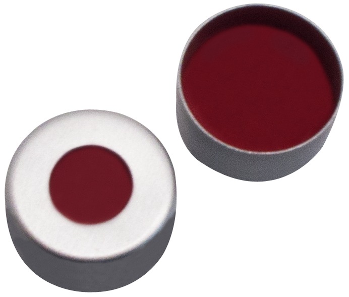 11 mm Magnetische Bördelkappe, silber lackiert, mit Loch; PTFE rot/Silicon weiß/PTFE rot, 45° Shore A, 1,0 mm