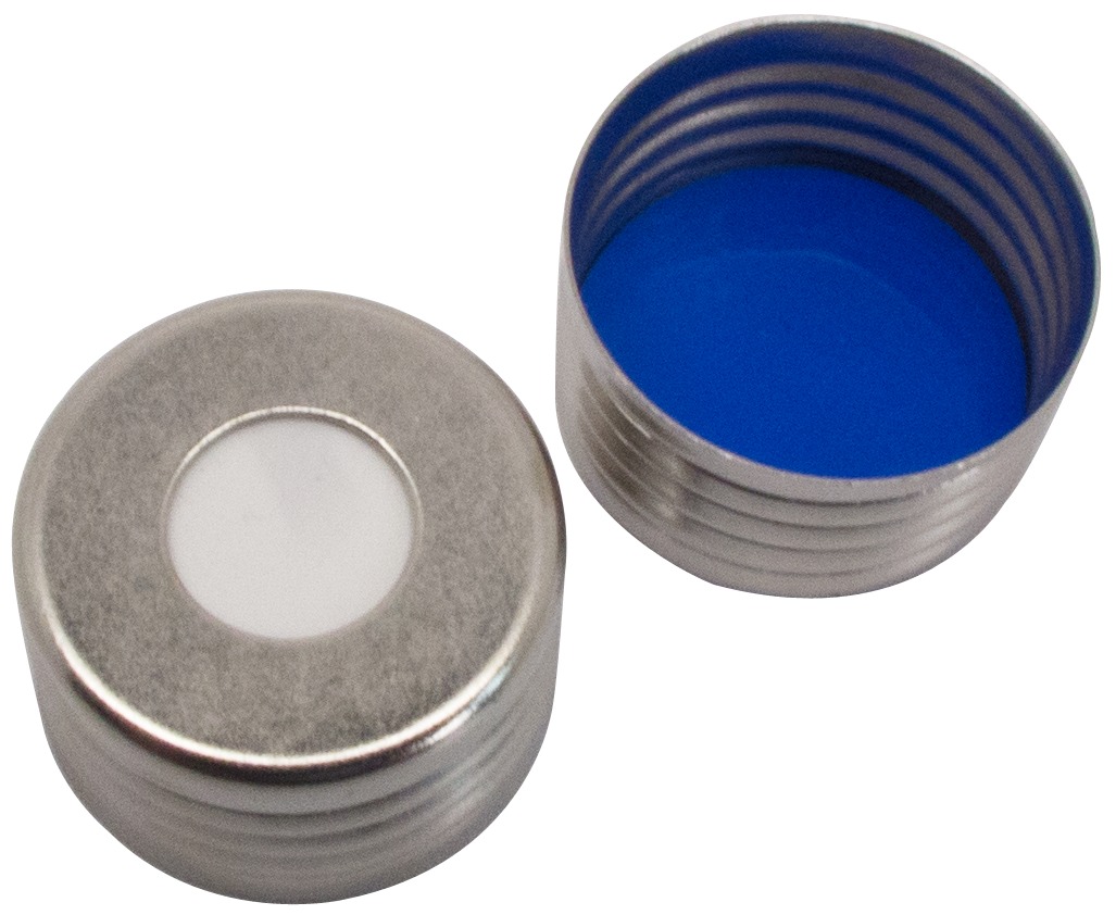 18 mm UltraClean Magnetische Universalschraubkappe, mit Loch; Silicon weiß/PTFE blau, 55° Shore A, 1,5 mm