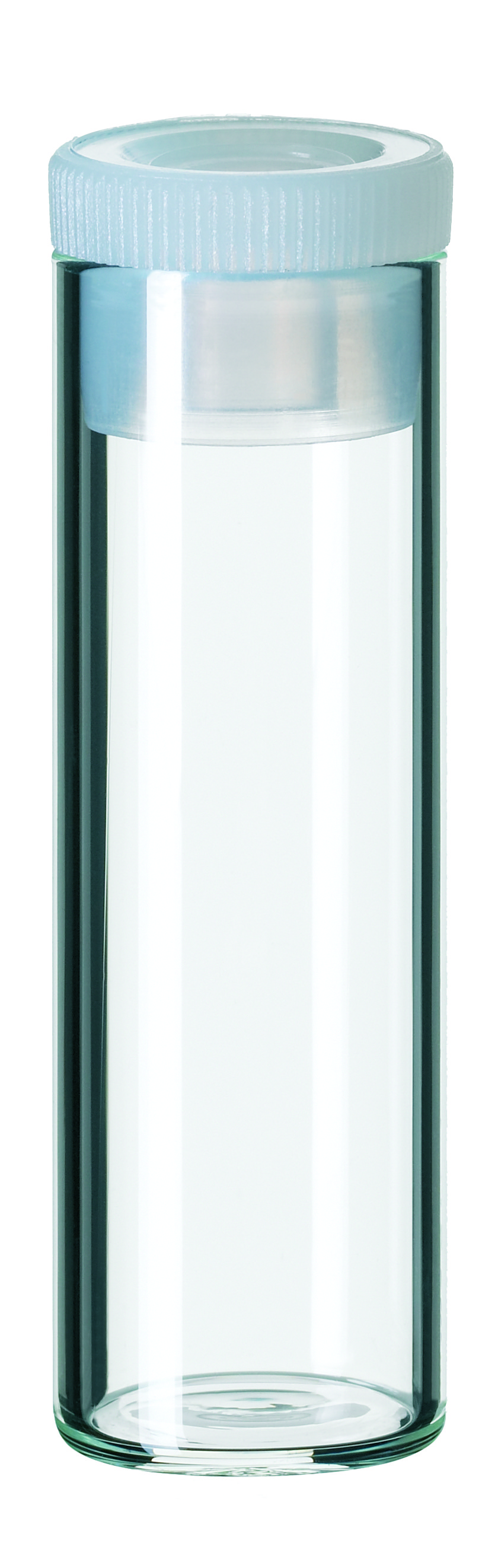 4 ml Flachbodenglas, (0536 + 0558), 44,6 × 14,65 mm, Klarglas, mit 15 mm PE-Stopfen, transparent
