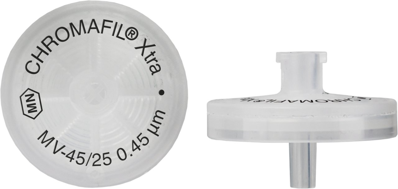 CHROMAFIL Xtra Einmalfilter MV-45/25 BIGbox Membranmaterial: Cellulose-Mischester Porendurchm.: 0,45 µm, Membrandurchm.: 25 mm farbloses PP-Gehäuse, beschriftet BIGbox à 400 St. in PE-Schraubdose