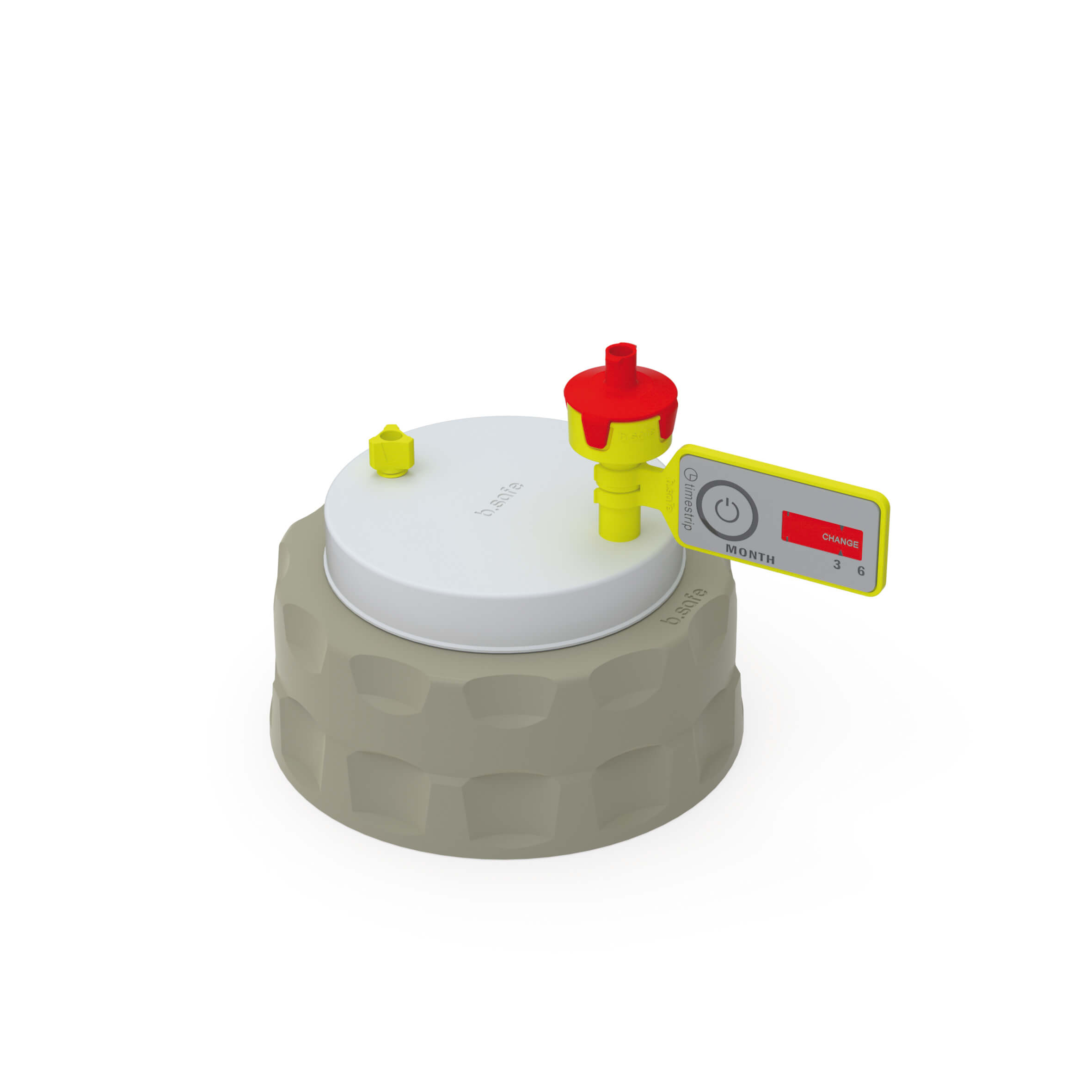 Kappe GLS80 aus PP-grau, Einsatz aus PTFE mit 1 Kapillaranschluss (UNF 1/4"). Zubehör: 1 Belüftungsventil mit Wechselanzeige, 1 Fitting für Schlauch-Außen-Ø 3,2 mm (PFA-gelb).