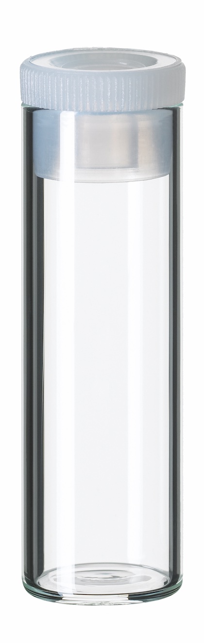 4ml Flachbodenglas, 44,6 x 14,65mm, Klarglas, 15mm PE-Stopfen, transparent