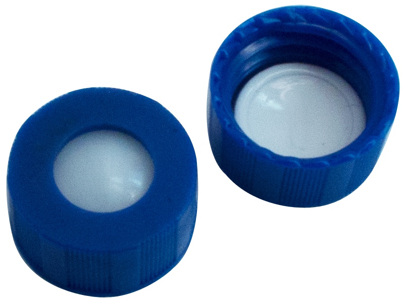 9 mm UltraBond Verschluss: PP-Kurzgewindekappe, blau, mit Loch; Silicon beige/PTFE weiß, 45° Shore A, 1,0 mm