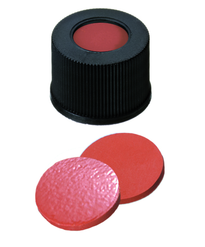 13mm Verschluß: Polypropylen Schraubkappe schwarz, 8,5mm Loch, Naturkautschuk/TEF, rot-orange, 55° shore A, 1,3mm
