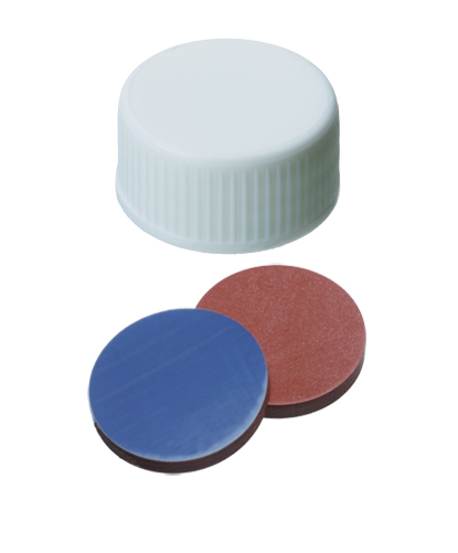 24mm Verschluß: PP-Schraubkappe, weiß, geschlossen; 22,1mm Scheibe, Butyl rot/ PTFE grau, 2,5mm