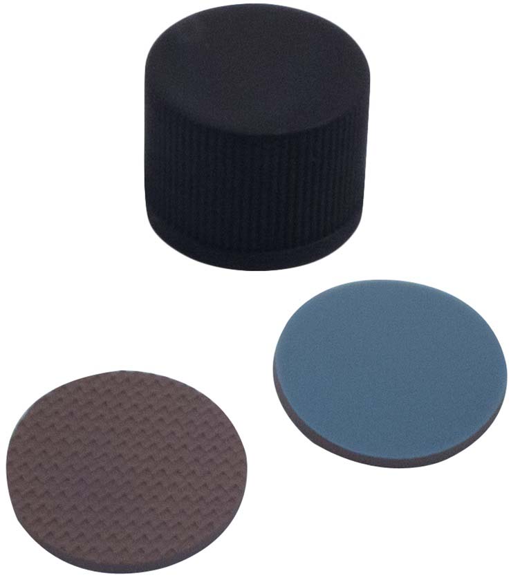 13 mm PP-Schraubkappe, schwarz, geschlossen; Butyl rot/PTFE grau, 55° Shore A, 1,3 mm