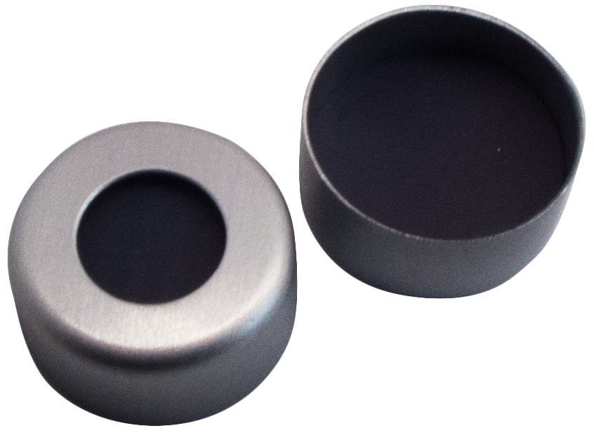 11 mm Aluminium-Bördelkappe, farblos lackiert, 5,5 mm Loch; Viton schwarz, 75 Shore A, 1,0 mm