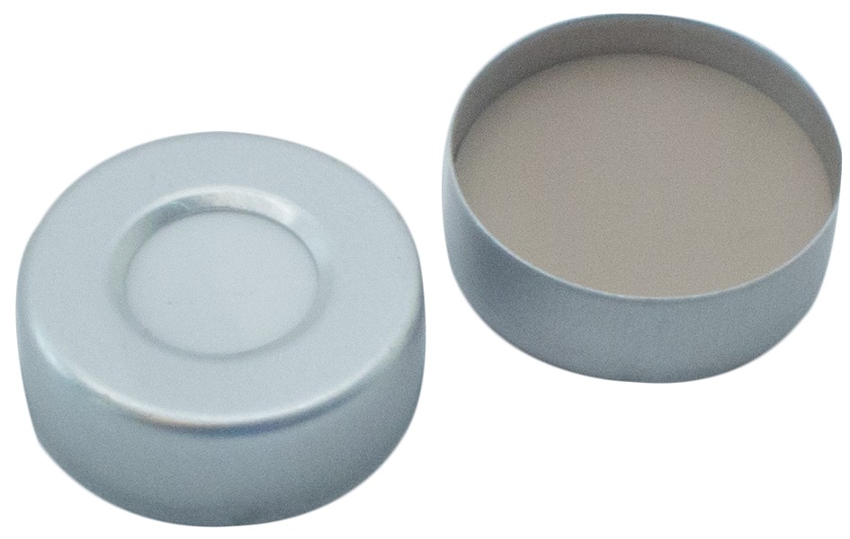 20 mm UltraClean Aluminium-Bördelkappe, silber, mit Loch; Silicon weiß/PTFE beige, 45° Shore A, 3,0 mm