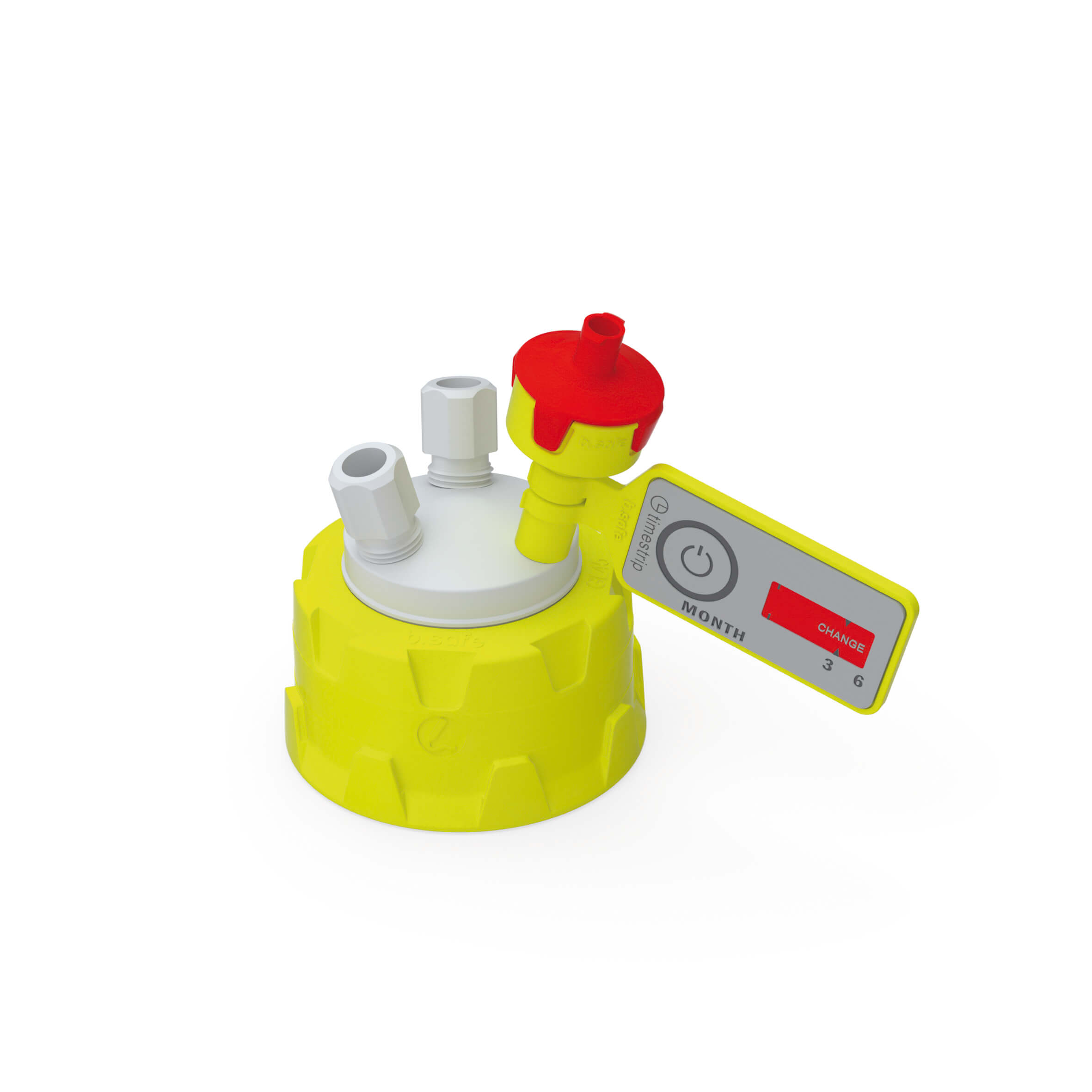 Kappe GL45 aus PP-GF-gelb, Einsatz aus PTFE mit 2 Schlauchanschlüssen (NPT 1/8"). Zubehör: 1 Belüftungsventil mit Wechselanzeige, 2 Fittings für Schlauch-Außen-Ø 6,35 mm (PTFE-weiß), 1 Blindfitting (PTFE-weiß).