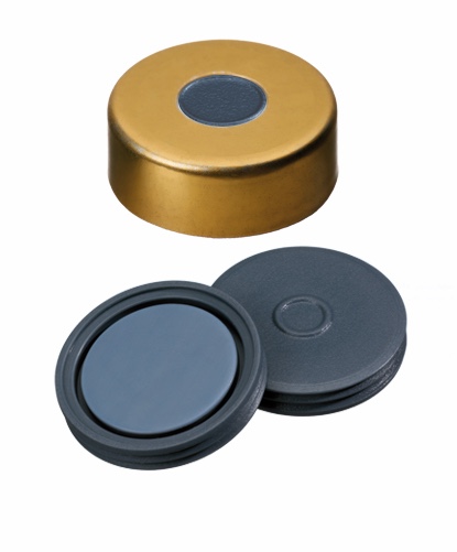 20 mm Aluminium-Bördelkappe, gold, 10 mm Loch; Pharma-Fix-Septum, Butyl/PTFE, 50°Shore A, 3,0 mm