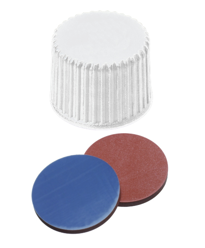 20 mm PP-Schraubkappe, weiß, geschlossen; Butyl creme/PTFE grau, 55° Shore A, 1,3 mm