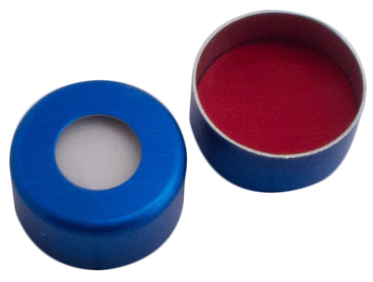11 mm UltraClean Aluminium-Bördelkappe, blau lackiert, mit Loch; Silicon weiß/PTFE rot, 45° Shore A, 1,0 mm