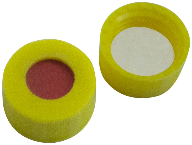 9 mm PP-Kurzgewindekappe, gelb, mit Loch; RedRubber/PTFE beige, 45° Shore A, 1,0 mm (Agilent Qualität)
