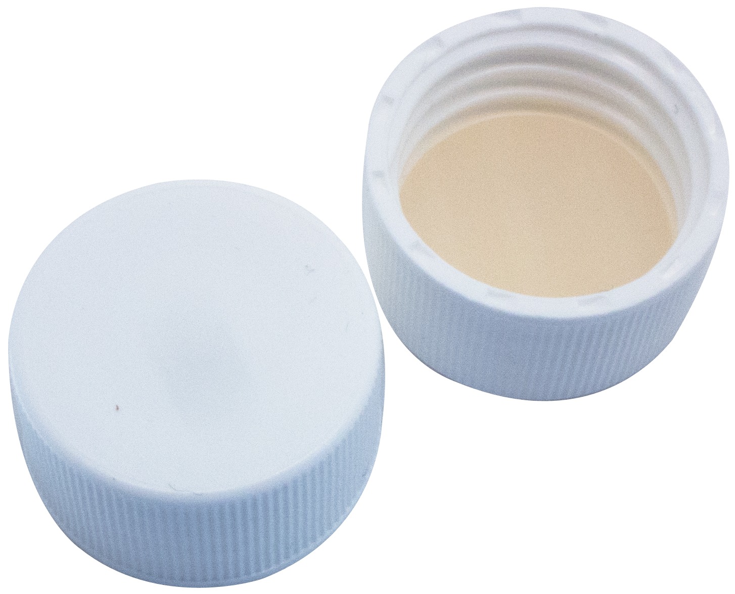 24 mm UltraBond Verschluss: PP-Schraubkappe, weiß, geschlossen; Silicon natur/PTFE beige, 45° Shore A, 3,2 mm, EPA-Qualität