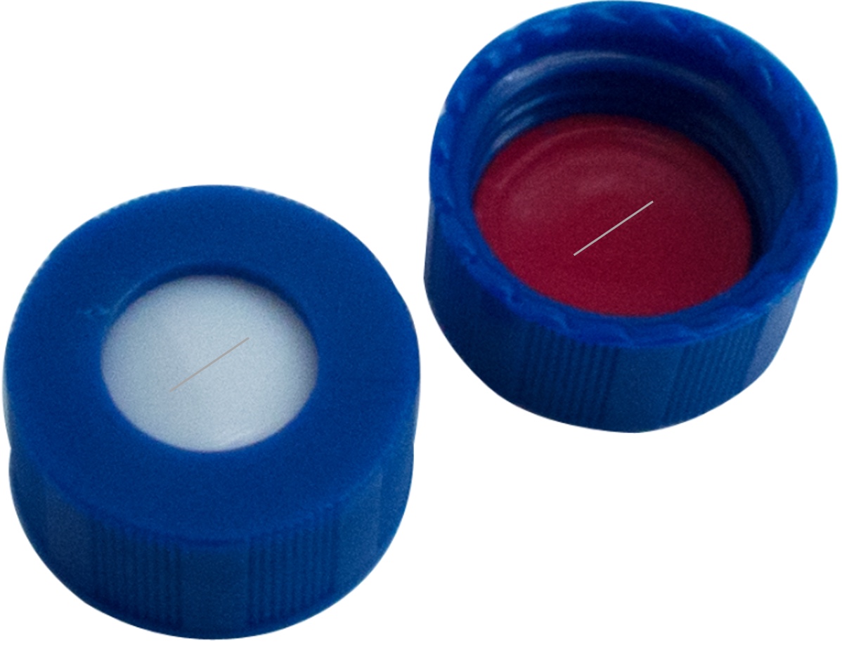 9 mm UltraBond Verschluss: PP Kurzgewindeschraubkappe, blau, mit Loch; Silicon weiß/PTFE rot, 45 Shore A, 1,0 mm, geschlitzt