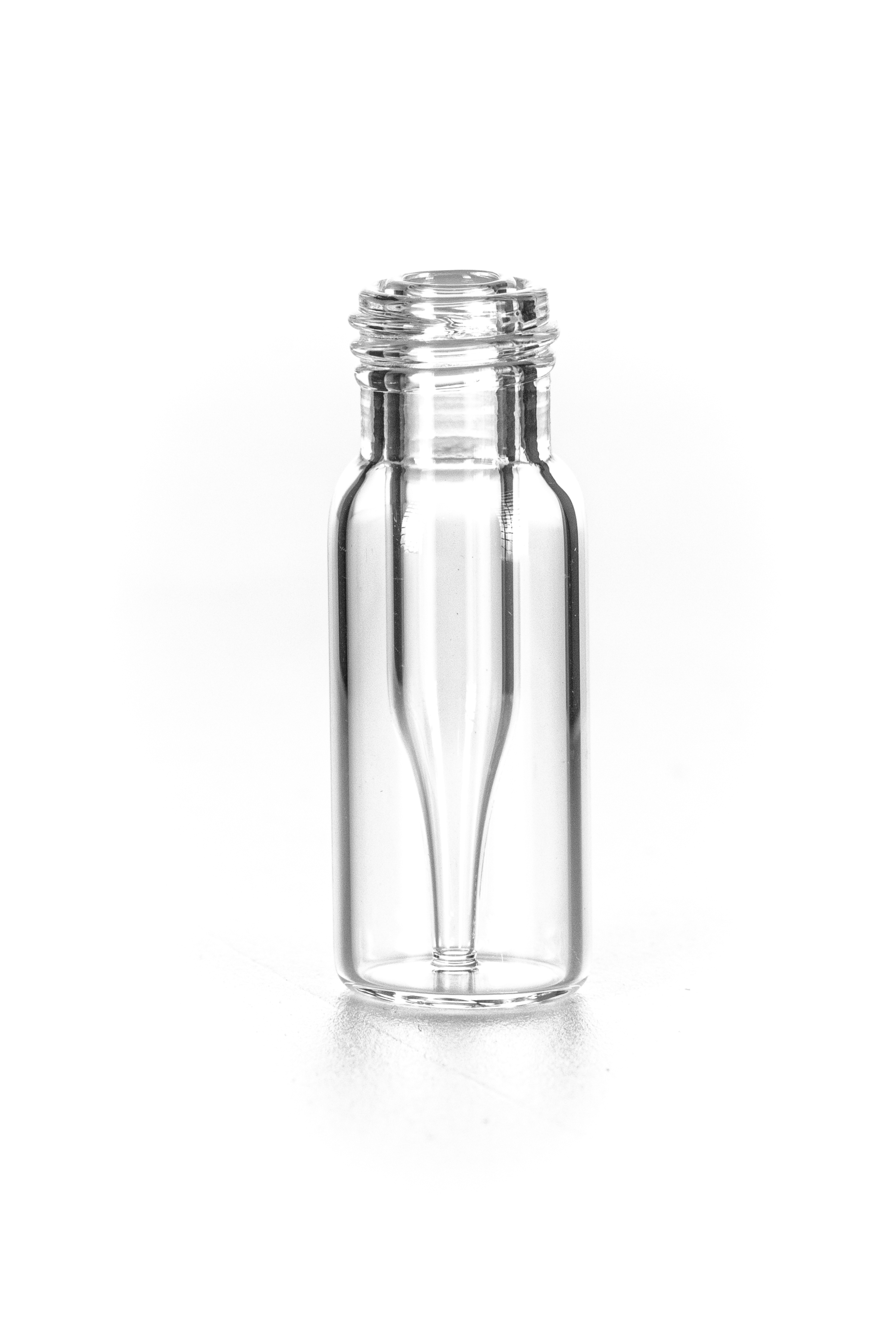 Kurzgewindeflasche, 32x11,6, Klasglas, mit integriertem 0,2ml Glas-Mikroeinsatz, 15mm Spitze
