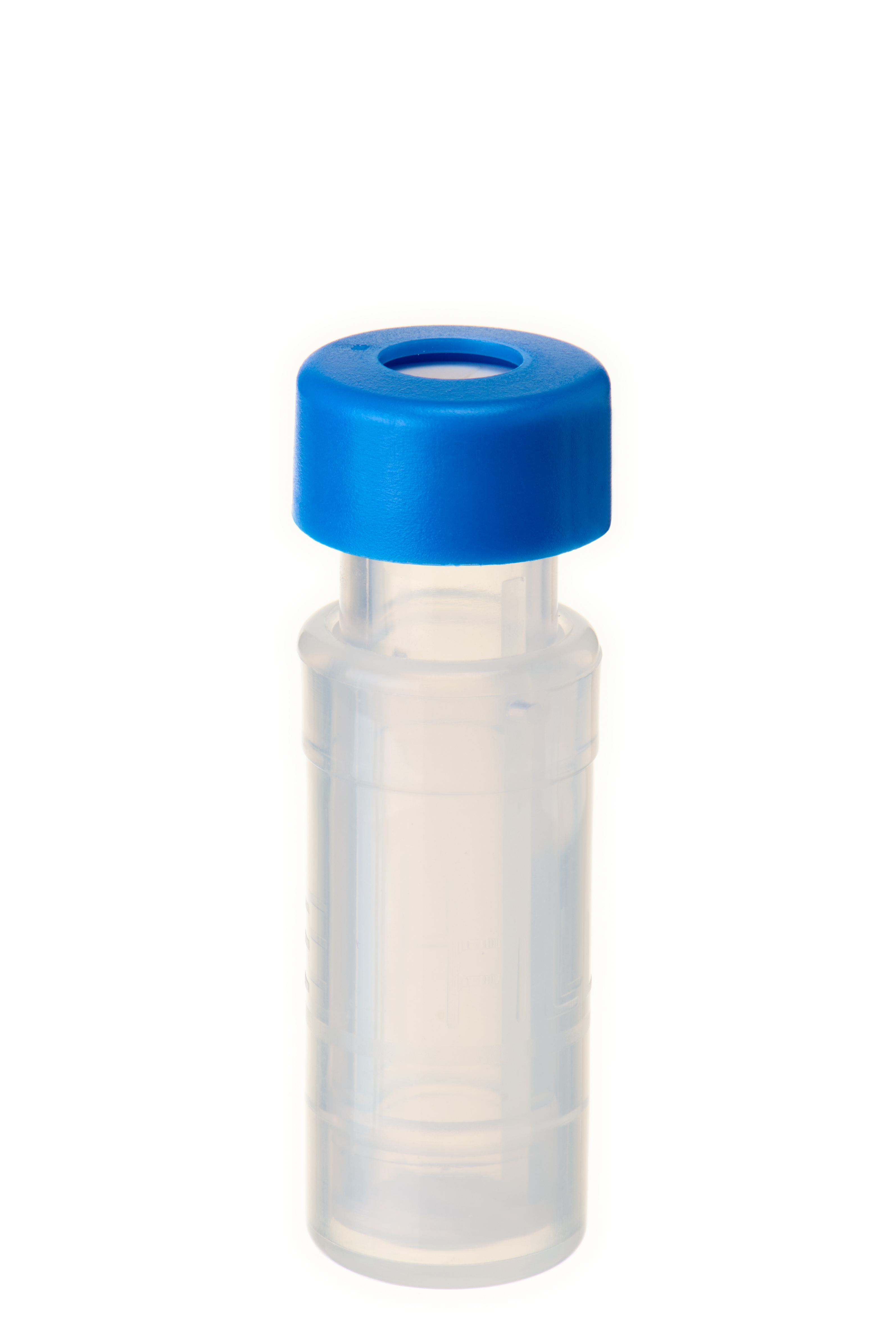 Filter Vial, (2119+2134) Membrane Nylon (NY), 0,2 µm, inkl. 11 mm PE Schnappringkappe, hellblau, mit Loch; Silicon weiß/PTFE rot, 45° Shore A, 1,0 mm, kreuzgeschlitzt