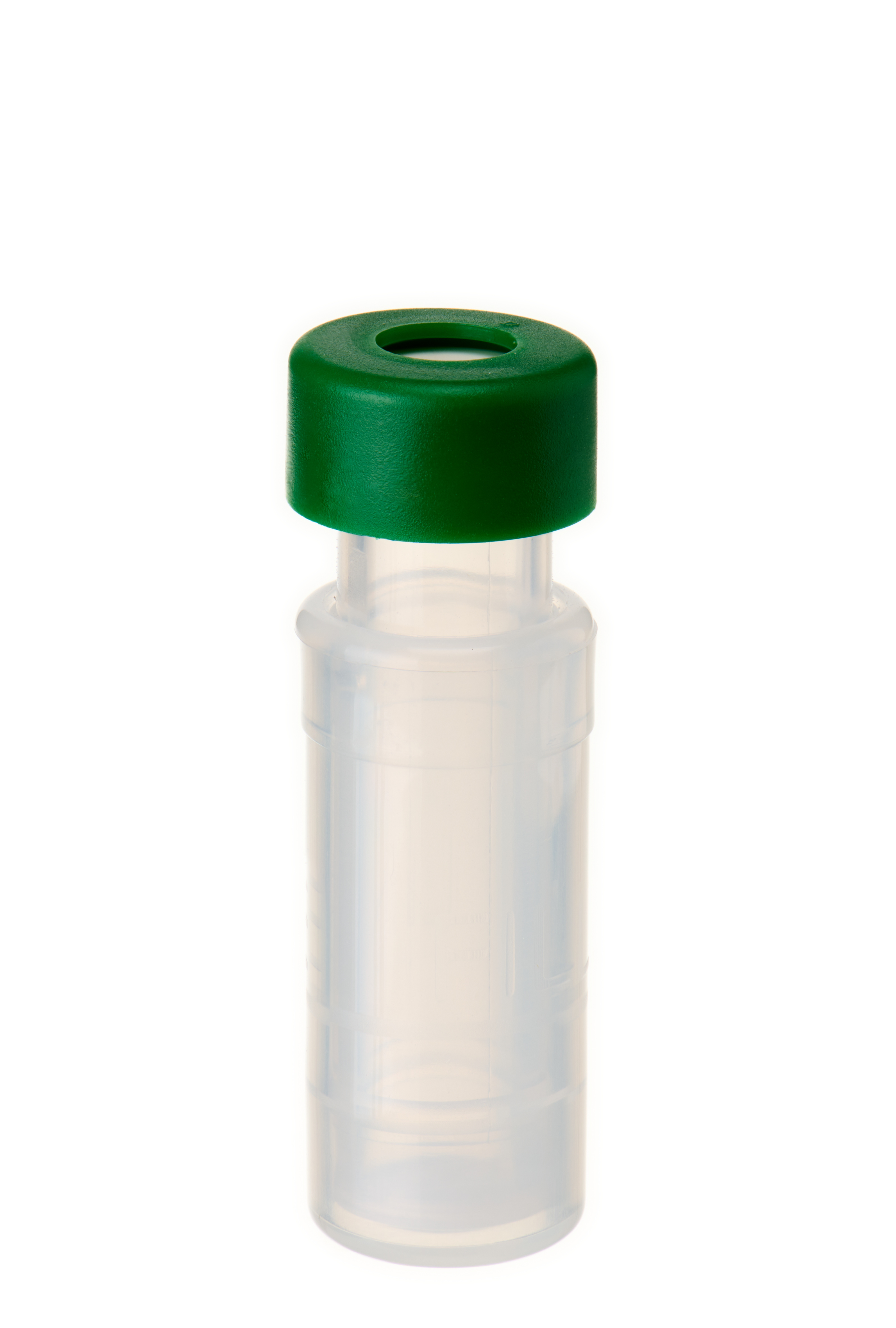 Filter Vial, (2124+2139) Membrane PES (Polyethersulfone), 0,45 µm, inkl. 11 mm PE Schnappringkappe, dunkelgrün, mit Loch; Silicon weiß/PTFE rot, 45° Shore A, 1,0 mm, kreuzgeschlitzt