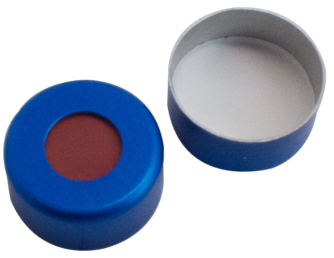 11 mm Aluminium-Bördelkappe, blau lackiert, mit Loch; Red Rubber/PTFE beige, 45° Shore A, 1,0 mm