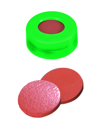 11mm Verschluss: PE Schnappringkappe, grün, mit Loch; Naturkautschuk rot-orange/TEF transparent, 60° shore A, 1,0mm