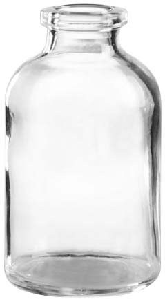 50ml Injektionsflasche, 43 x 73mm, Halsdurchmesser 20, 1. Klasse-Glas, Klarglas, nach DIN/ISO, (Hüttenglas); (VE = 90 Stück)