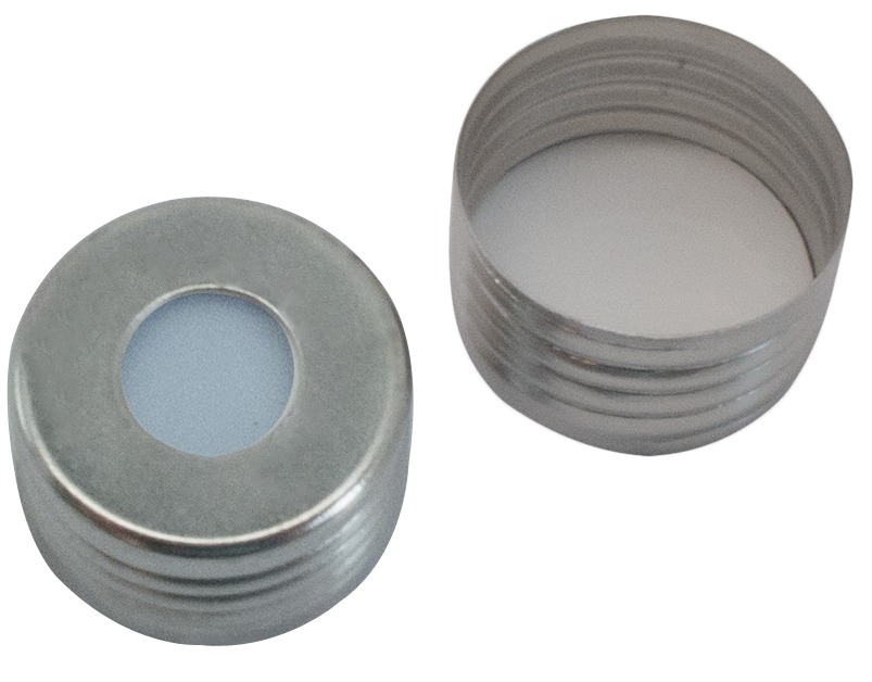18 mm UltraClean Magnetische Universalschraubkappe, mit Loch; Silicon blau transparent/PTFE weiß, 45° Shore A, 1,3 mm