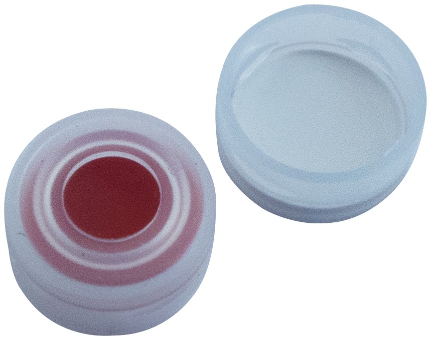 11 mm PE-Schnappringkappe, transparent, mit Loch; RedRubber/PTFE beige, 45° Shore A, 1,0 mm