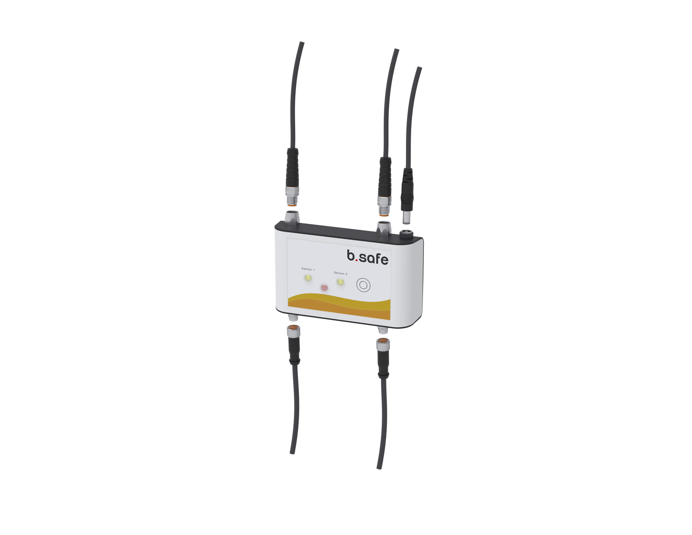 Alarmierungsbox im Tischgehäuse aus halogenfreiem Kunststoff (ABS), Front mit Touch-Schaltflächen und LED-Anzeigen, Ausführung Splitter programmiert zur Steuerung des b.safe Splitters (nicht enthalten) zur Überwachung von 2 Behältern und automatischer Sch