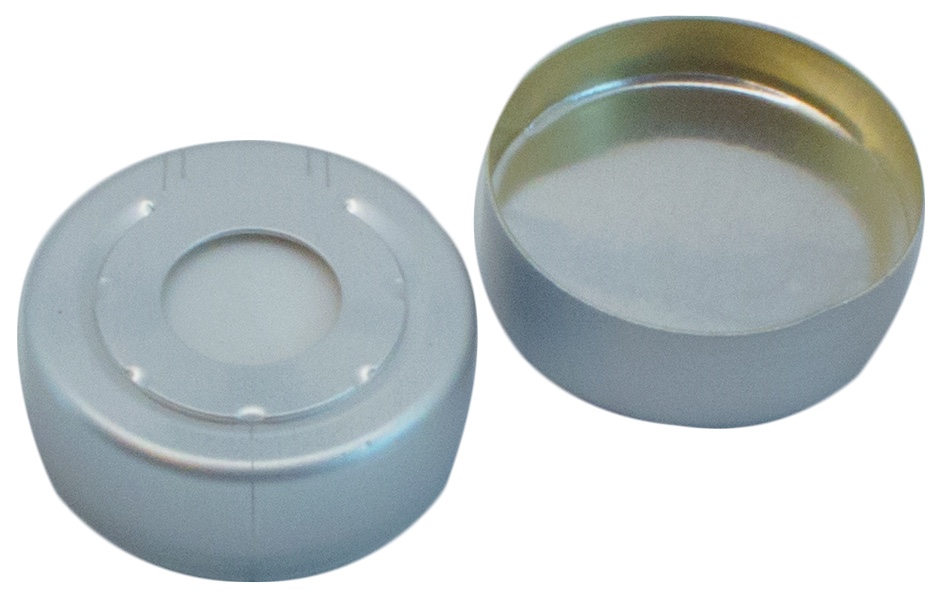 20 mm Headspace-Kappe mit Überdrucksicherung, farblos lackiert, mit Loch; Silicon weiß/Aluminiumfolie silber, 50° Shore A, 3,0 mm