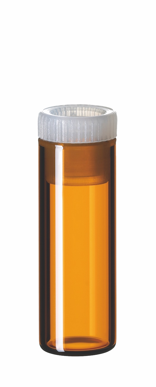 2ml Flachbodenglas, 31,5 x 11,6mm, Braunglas; 12mm PE Stopfen, transparent