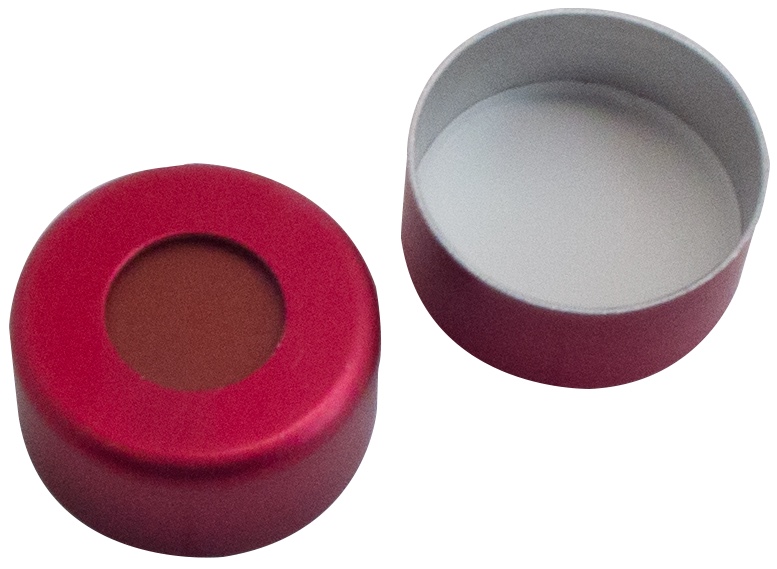 11 mm Aluminium-Bördelkappe, rot lackiert, mit Loch; Red Rubber/PTFE beige, 45° Shore A, 1,0 mm