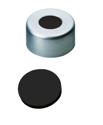 11mm Aluminium Bördelkappe, walz blank, 5,8mm Loch; 11mm Scheibe, Viton schwarz, 75 shore A, 1,5mm