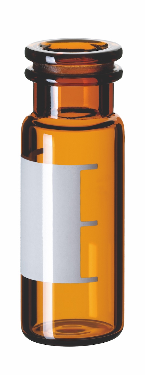 1,5ml Schnappringflasche, 32x11,6mm, Braunglas, 1. hydrol. Klasse, weite Öffnung, Schriftfeld u. Füllmarkierung