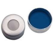 11 mm UltraClean Aluminium-Bördelkappe, silber, mit Loch; Silikon blau transparent/PTFE weiß, 45° Shore A, 1,3 mm