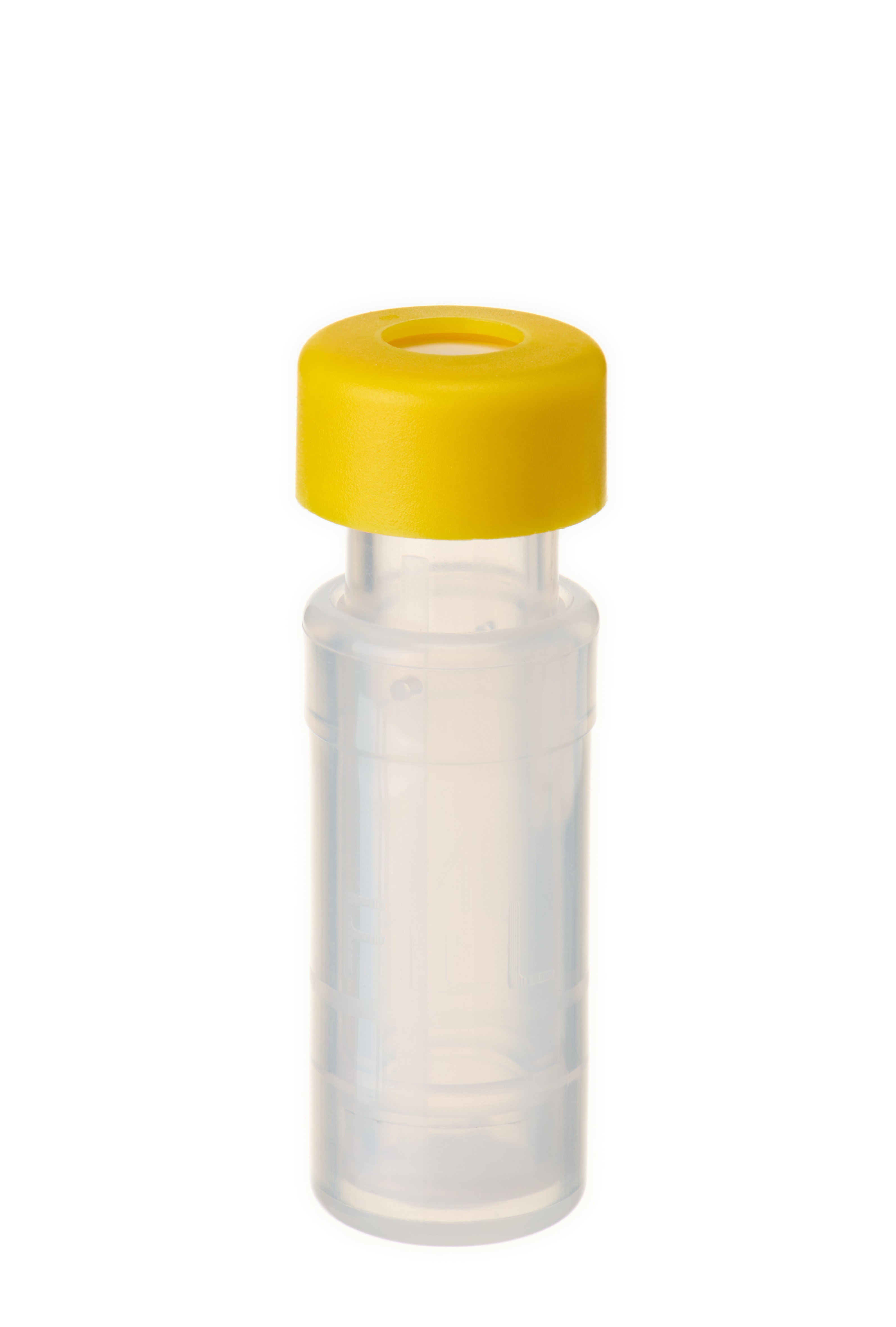 Filter Vial, (2115+2140) Membrane PVDF (Polyvinylidene Fluoride), 0,2 µm, inkl. 11 mm PE Schnappringkappe, gelb, mit Loch; Silicon weiß/PTFE rot, 45° Shore A, 1,0 mm, kreuzgeschlitzt