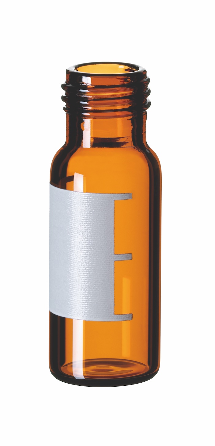 1,5ml Kurzgewindeflasche, 32x11,6mm, braun, 1.hydr. Klasse, w. Öffnung, Schriftfeld u. Füllmarkierung