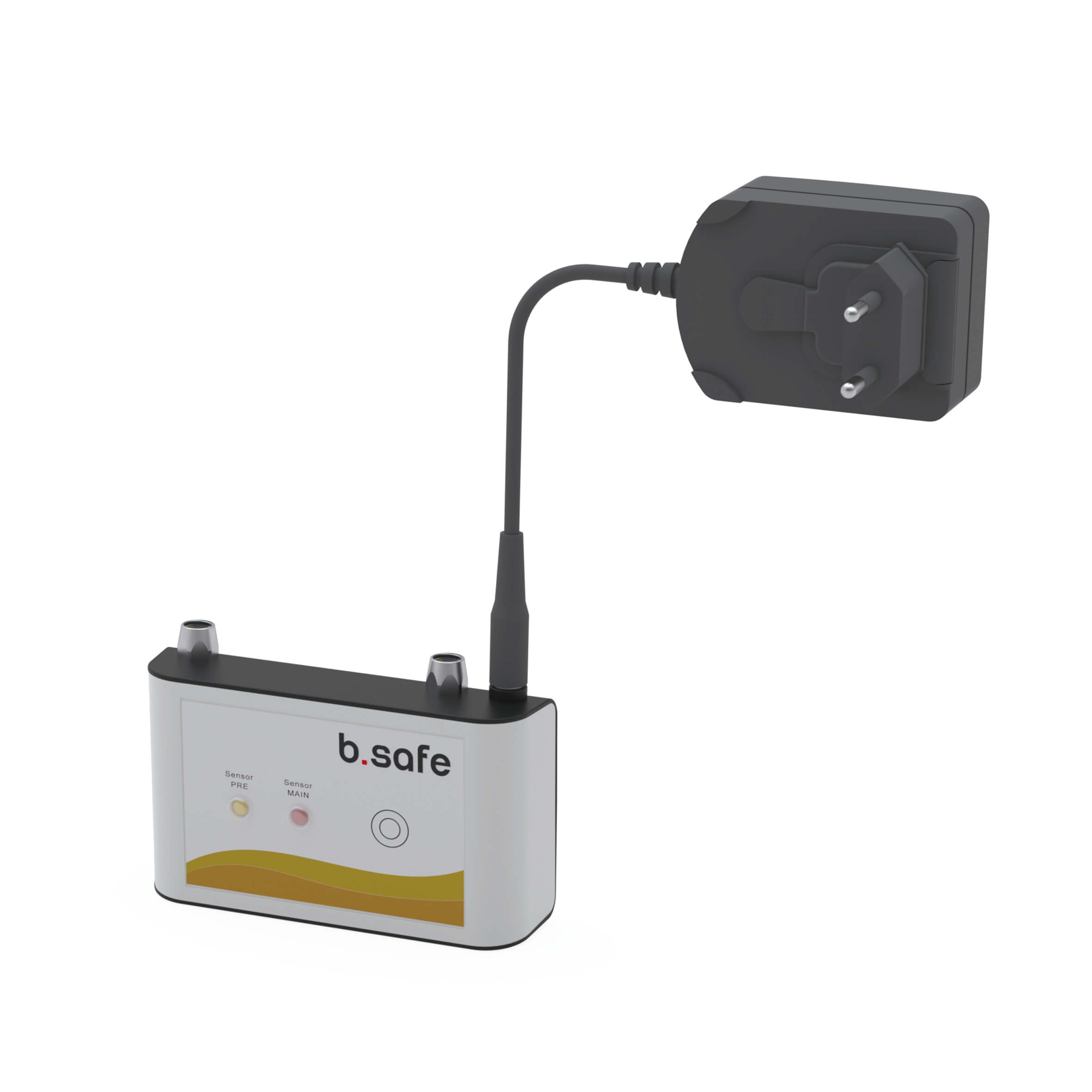 Alarmierungsbox im Tischgehäuse aus Kunststoff (ABS), Front mit Touch-Schaltflächen und LED-Anzeigen, Ausführung DLC zur Überwachung 1 Behälters mit b.safe System Waste Caps DLC/b.safe Waste Caps DLC mit Vor- und Hauptalarm. Inklusive Netzteil (Input: AC