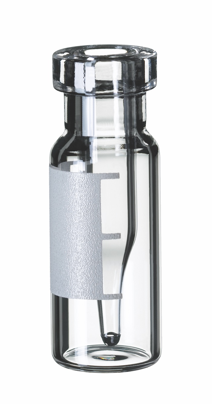 Rollrandflasche mit integriertem Mikroeinsatz, 32x11,6mm, Klarglas, 1.hydr. Klasse, SF + Füllmarkierung