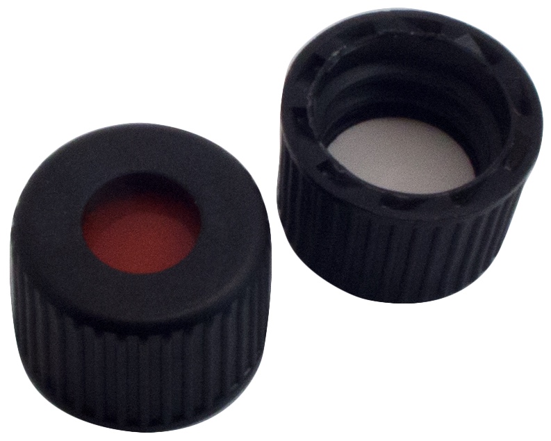 8 mm PP-Schraubkappe, schwarz, mit Loch; RedRubber/PTFE beige, 45° Shore A, 1,0 mm