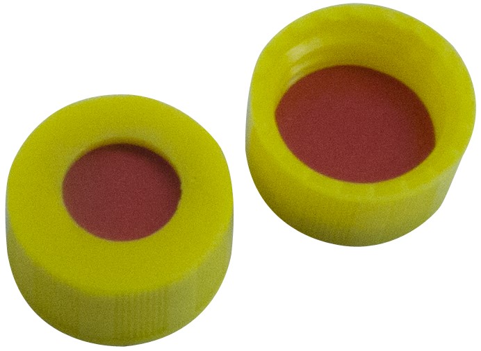9 mm PP-Kurzgewindekappe, gelb, mit Loch; RedRubber/PTFE farblos, 1,0 mm