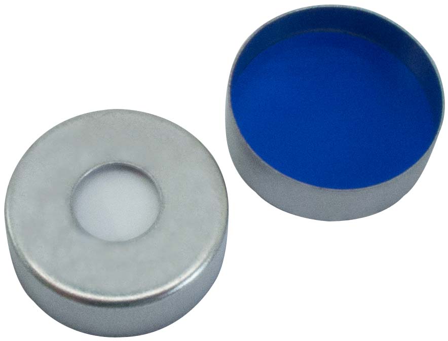 UltraClean Verschluss: 20mm Magnetische Bördelkappe, silber lackiert, mit 8mm Loch; Silicon weiß/PTFE blau, 55° shore A, 1,5mm