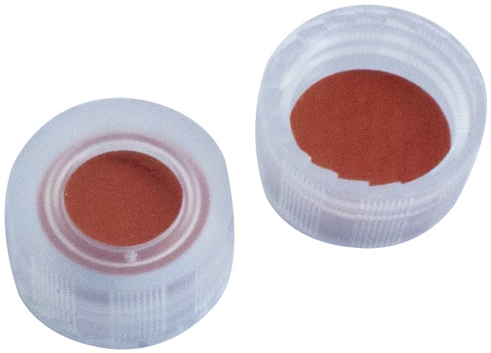 9 mm PP-Kurzgewindekappe, transparent, mit Loch; RedRubber/PTFE farblos, 45° Shore A, 1,0 mm