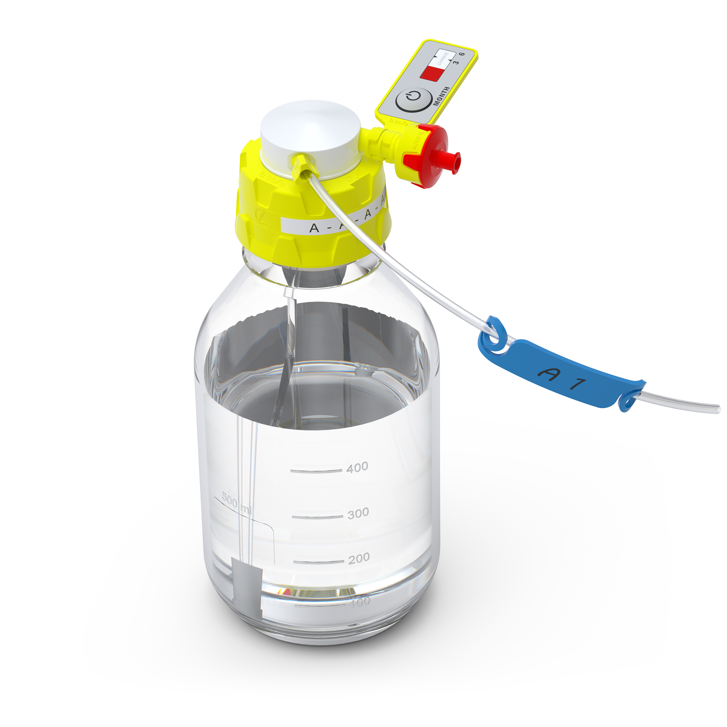 Kappe GL45 aus PP-gelb, Einsatz aus PTFE mit 1 Kapillaranschluss (UNF 1/4") seitlich im Winkel 90° zum Flaschengewinde. Zubehör: 1 Belüftungsventil mit Wechselanzeige, 1 Fitting für Schlauch-Außen-Ø 3,2 mm (PFA-gelb).