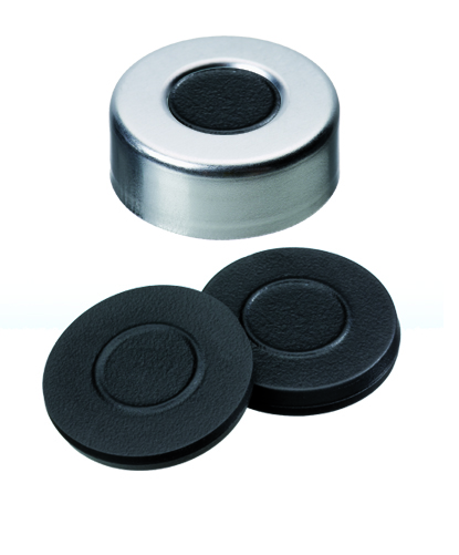 20mm Aluminium Bördelkappe, walz blank, 10mm Loch; 20mm Formscheibe, Butyl, hellgrau, 55° shore A, 3,0mm,
